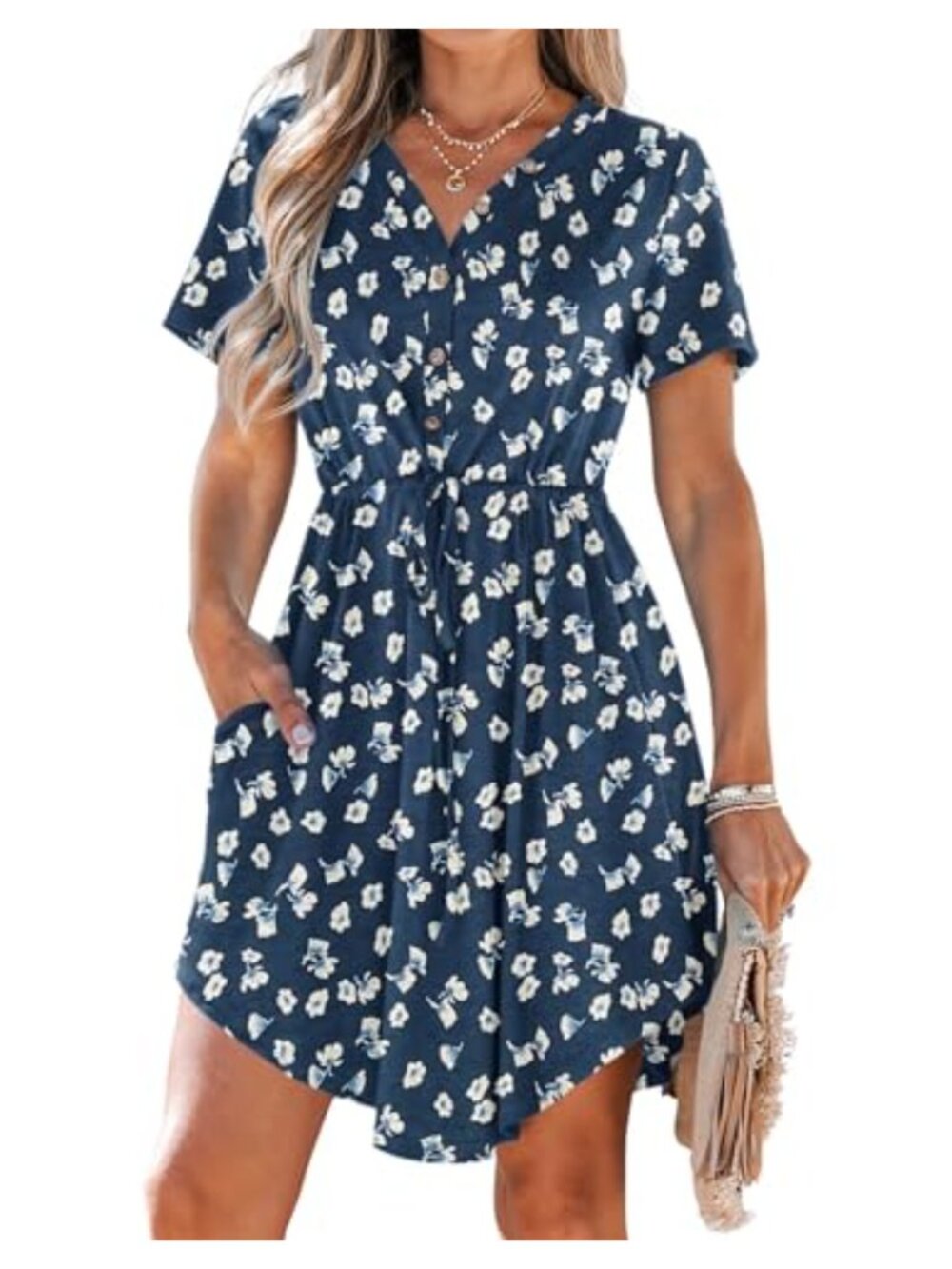 Women's V Neck Short Sleeve Mini Dress with Pockets Casual Swing Sundress